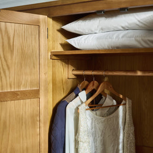 Julian Bowen Marlborough 3 Door Oak Wardrobe with Hanging Rail & Shelving Storage – Solid White Oak & Oak Veneers – Waxed Finish – 142cm