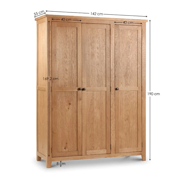 Julian Bowen Marlborough 3 Door Oak Wardrobe with Hanging Rail & Shelving Storage – Solid White Oak & Oak Veneers – Waxed Finish – 142cm