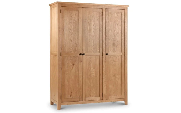 Julian Bowen Marlborough 3 Door Oak Wardrobe with Hanging Rail & Shelving Storage – Solid White Oak & Oak Veneers – Waxed Finish – 142cm