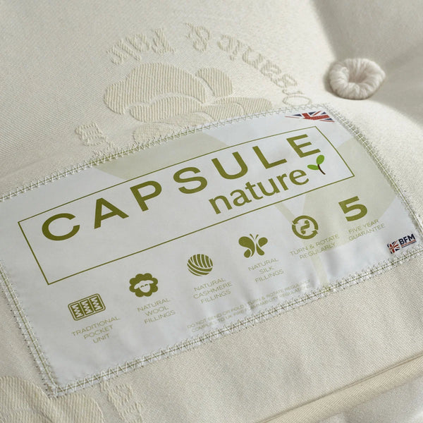Capsule Nature UK Double Pocket Sprung Mattress with Wool, Cashmere & Silk Fillings – Double-Sided Natural Mattress – 135 x 190cm
