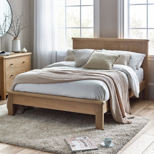 Memphis Limed Oak Wooden Bed Frame with Curved Panelled Headboard