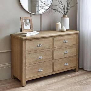Memphis Limed Oak 6 Drawer Wide Chest of Drawers with Interchangeable Silver Handles