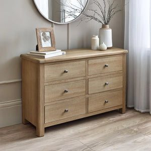 Memphis Limed Oak 6 Drawer Wide Chest of Drawers with Interchangeable Silver Handles