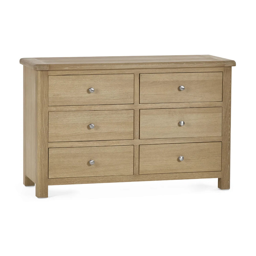 Memphis Limed Oak 6 Drawer Wide Chest of Drawers with Interchangeable Silver Handles