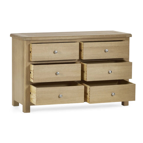 Memphis Limed Oak 6 Drawer Wide Chest of Drawers with Interchangeable Silver Handles