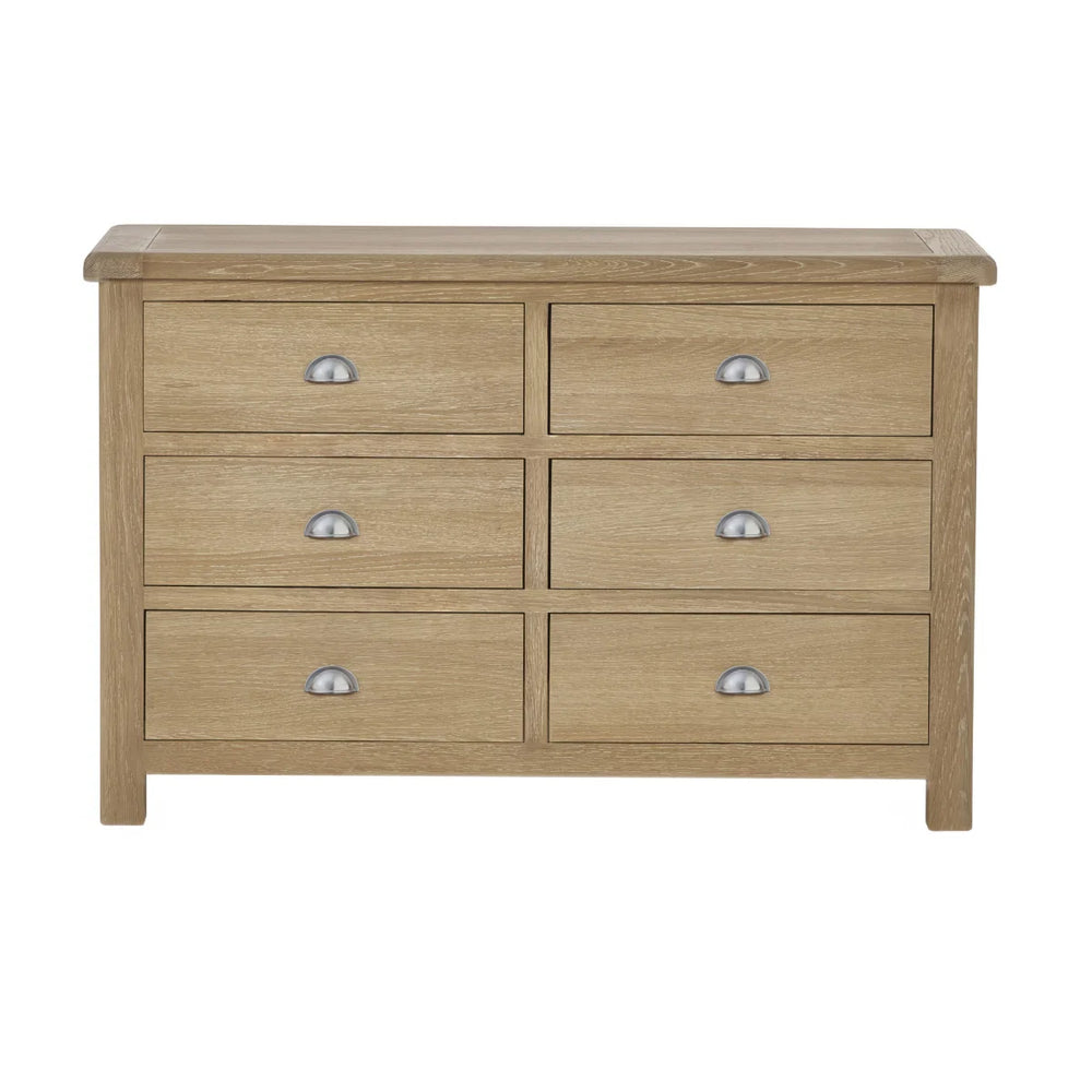 Memphis Limed Oak 6 Drawer Wide Chest of Drawers with Interchangeable Silver Handles