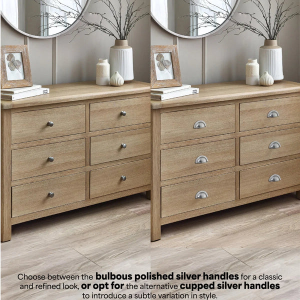Memphis Limed Oak 6 Drawer Wide Chest of Drawers with Interchangeable Silver Handles