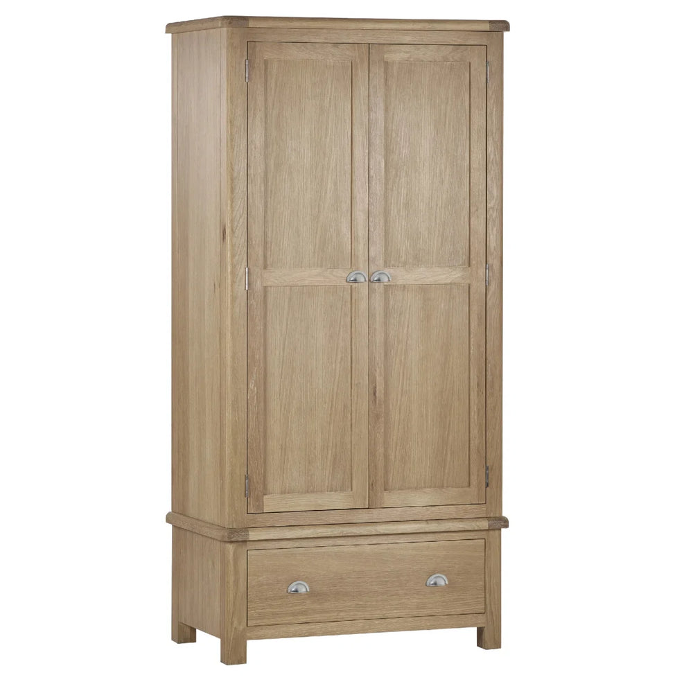 Memphis Limed Oak 2 Door 1 Drawer Wooden Wardrobe with Hanging Rail & Storage Drawer