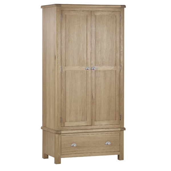 Memphis Limed Oak 2 Door 1 Drawer Wooden Wardrobe with Hanging Rail & Storage Drawer