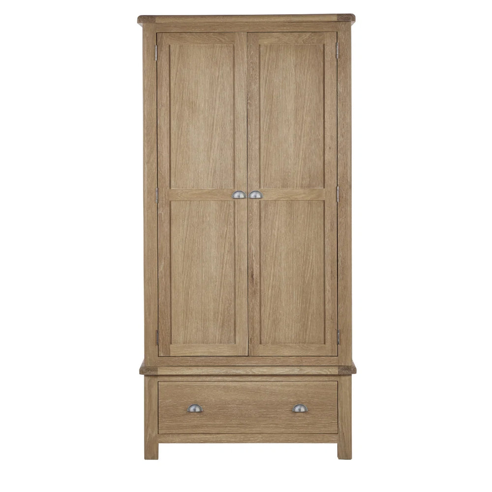 Memphis Limed Oak 2 Door 1 Drawer Wooden Wardrobe with Hanging Rail & Storage Drawer