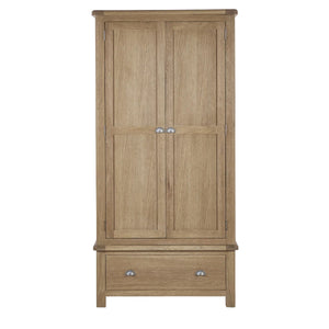 Memphis Limed Oak 2 Door 1 Drawer Wooden Wardrobe with Hanging Rail & Storage Drawer