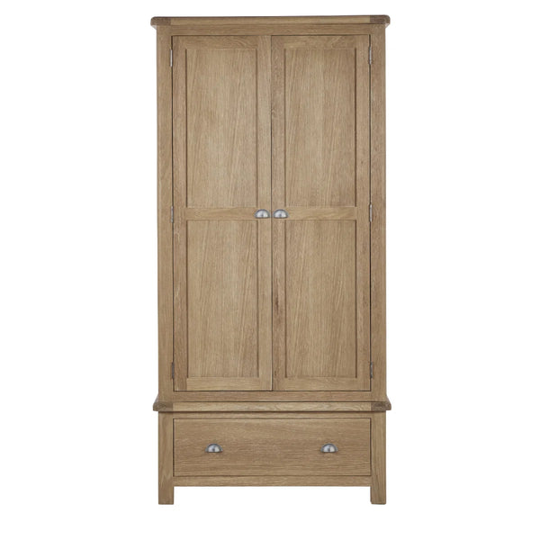 Memphis Limed Oak 2 Door 1 Drawer Wooden Wardrobe with Hanging Rail & Storage Drawer