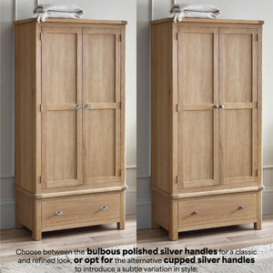 Memphis Limed Oak 2 Door 1 Drawer Wooden Wardrobe with Hanging Rail & Storage Drawer