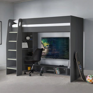 Nebula High Sleeper Gaming Bed with Integrated Desk, TV Space & Storage Shelving – Anthracite – UK Single (90 x 190cm)