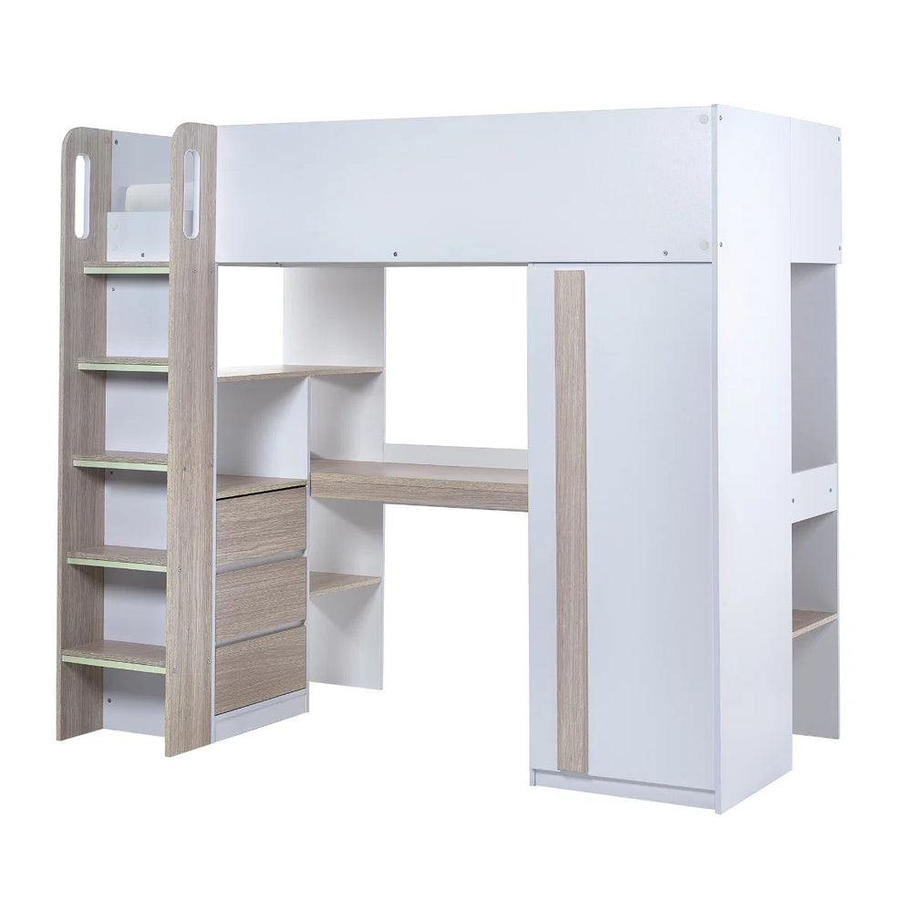 Ocean White & Oak Effect Wooden High Sleeper Bed with Desk, Wardrobe, Shelving & Storage Drawers