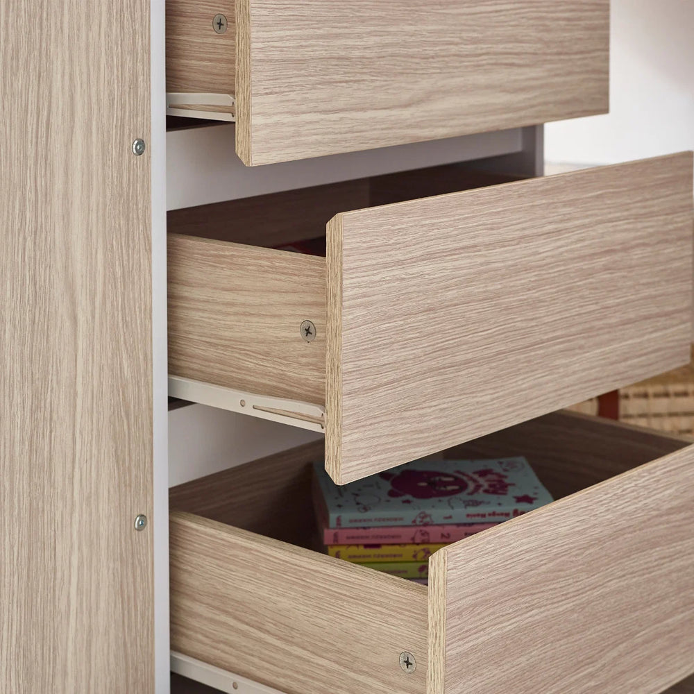 Ocean White & Oak Effect Wooden High Sleeper Bed with Desk, Wardrobe, Shelving & Storage Drawers