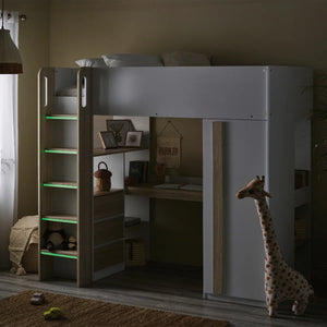 Ocean White & Oak Effect Wooden High Sleeper Bed with Desk, Wardrobe, Shelving & Storage Drawers