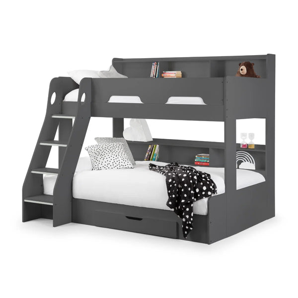 Julian Bowen Orion Triple Sleeper Bunk Bed with Small Double Bed, Storage Shelving & Pull-Out Drawer – White or Anthracite