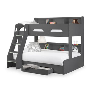 Julian Bowen Orion Triple Sleeper Bunk Bed with Small Double Bed, Storage Shelving & Pull-Out Drawer – White or Anthracite