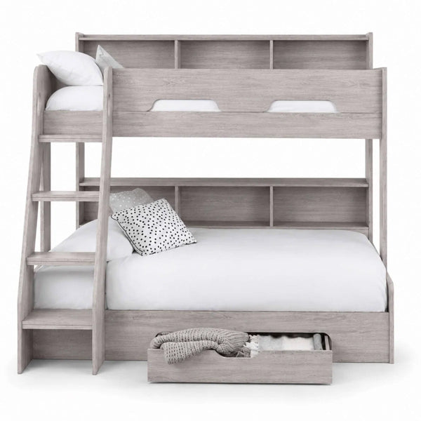Julian Bowen Orion Triple Sleeper Bunk Bed with Small Double Bed, Storage Shelving & Pull-Out Drawer – White or Anthracite