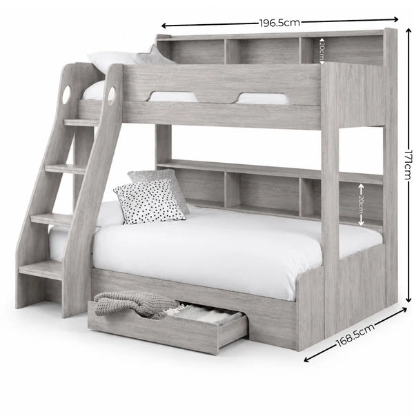 Julian Bowen Orion Triple Sleeper Bunk Bed with Small Double Bed, Storage Shelving & Pull-Out Drawer – White or Anthracite
