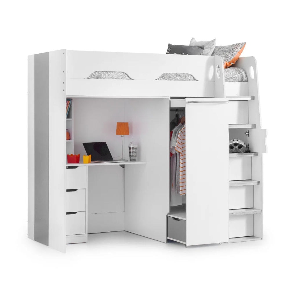 Julian Bowen Pegasus High Sleeper Bed with Pull-Out Wardrobe, Storage Desk & Integrated Ladder Storage - Matt White & Silver Grey