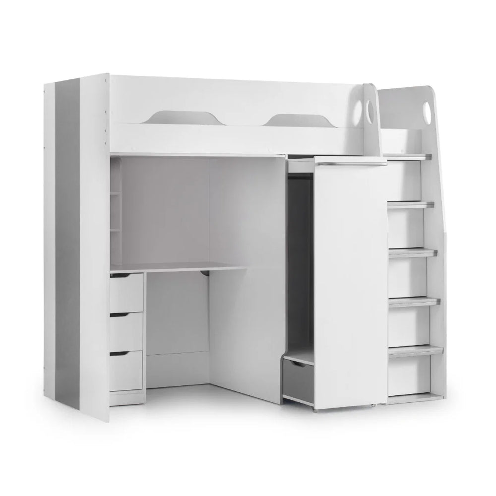 Julian Bowen Pegasus High Sleeper Bed with Pull-Out Wardrobe, Storage Desk & Integrated Ladder Storage - Matt White & Silver Grey