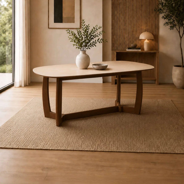 Portland 180cm Rectangular Dining Table with Natural Stone Effect Top & Walnut Finish Base