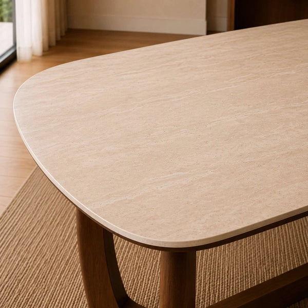 Portland 180cm Rectangular Dining Table with Natural Stone Effect Top & Walnut Finish Base