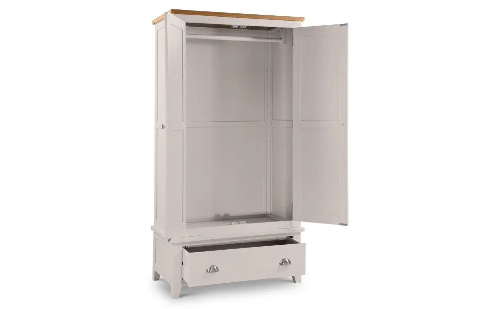 Richmond 2 Door 1 Drawer Oak & Elephant Grey Wardrobe – Solid Oak & Oak Veneer Bedroom Storage Cabinet