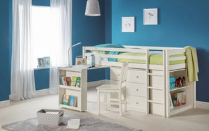 Julian Bowen Roxy Wooden Sleepstation Bed with Pull-Out Desk, Shelving & Cupboard Storage – Stone White