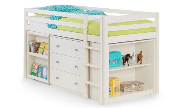 Julian Bowen Roxy Wooden Sleepstation Bed with Pull-Out Desk, Shelving & Cupboard Storage – Stone White
