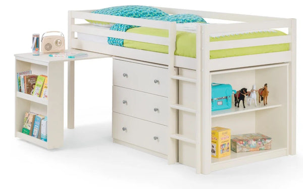 Julian Bowen Roxy Wooden Sleepstation Bed with Pull-Out Desk, Shelving & Cupboard Storage – Stone White