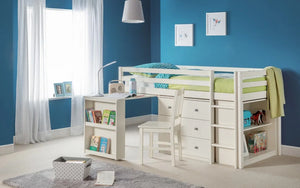 Julian Bowen Roxy Wooden Sleepstation Bed with Pull-Out Desk, Shelving & Cupboard Storage – Stone White