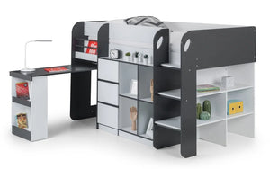 Saturn Charcoal Grey & White Wooden Mid Sleeper Bed with Storage, Bookcase & 3 Drawer Chest – UK Single