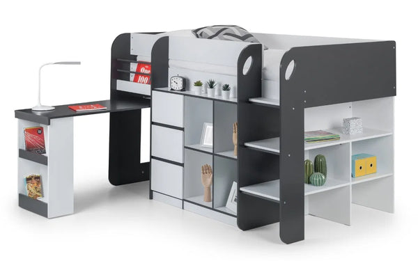 Saturn Charcoal Grey & White Wooden Mid Sleeper Bed with Storage, Bookcase & 3 Drawer Chest – UK Single
