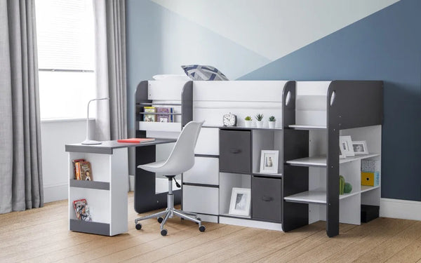Saturn Charcoal Grey & White Wooden Mid Sleeper Bed with Storage, Bookcase & 3 Drawer Chest – UK Single