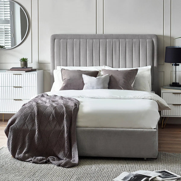 Savannah Grey Velvet Ottoman Storage Bed with Fluted Headboard
