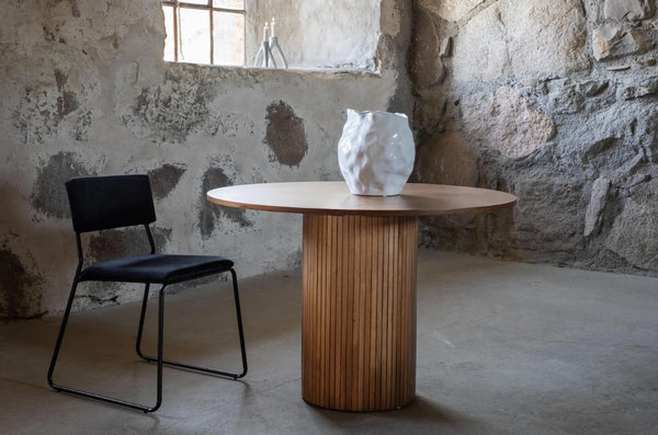 Bianca Round Dining Table | Walnut MDF with Ribbed Cylindrical Base