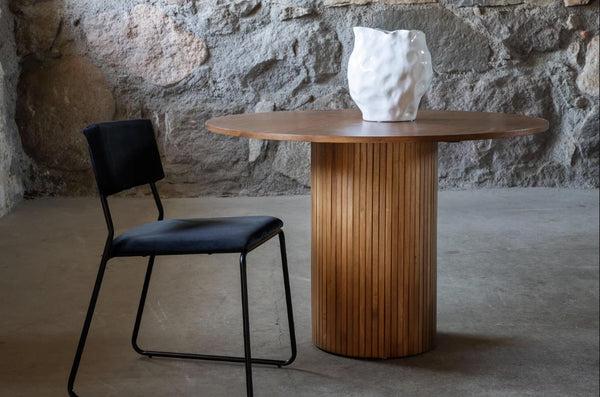 Bianca Round Dining Table | Walnut MDF with Ribbed Cylindrical Base