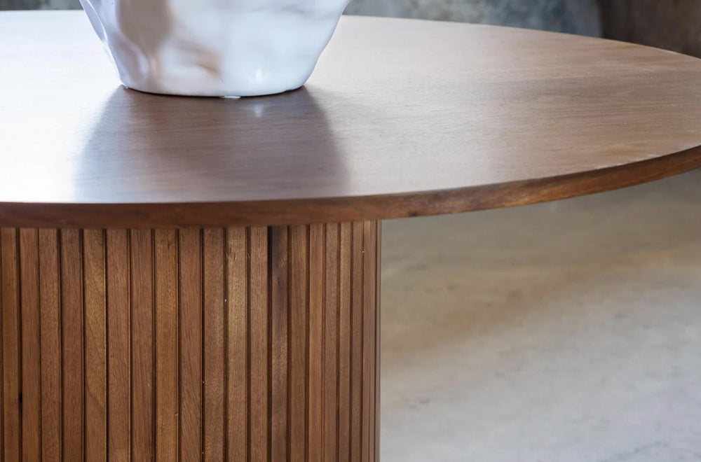Bianca Round Dining Table | Walnut MDF with Ribbed Cylindrical Base