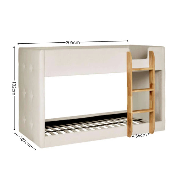 Teddy Bouclé Upholstered Kids Bunk Bed with Natural Wooden Ladder – Cream