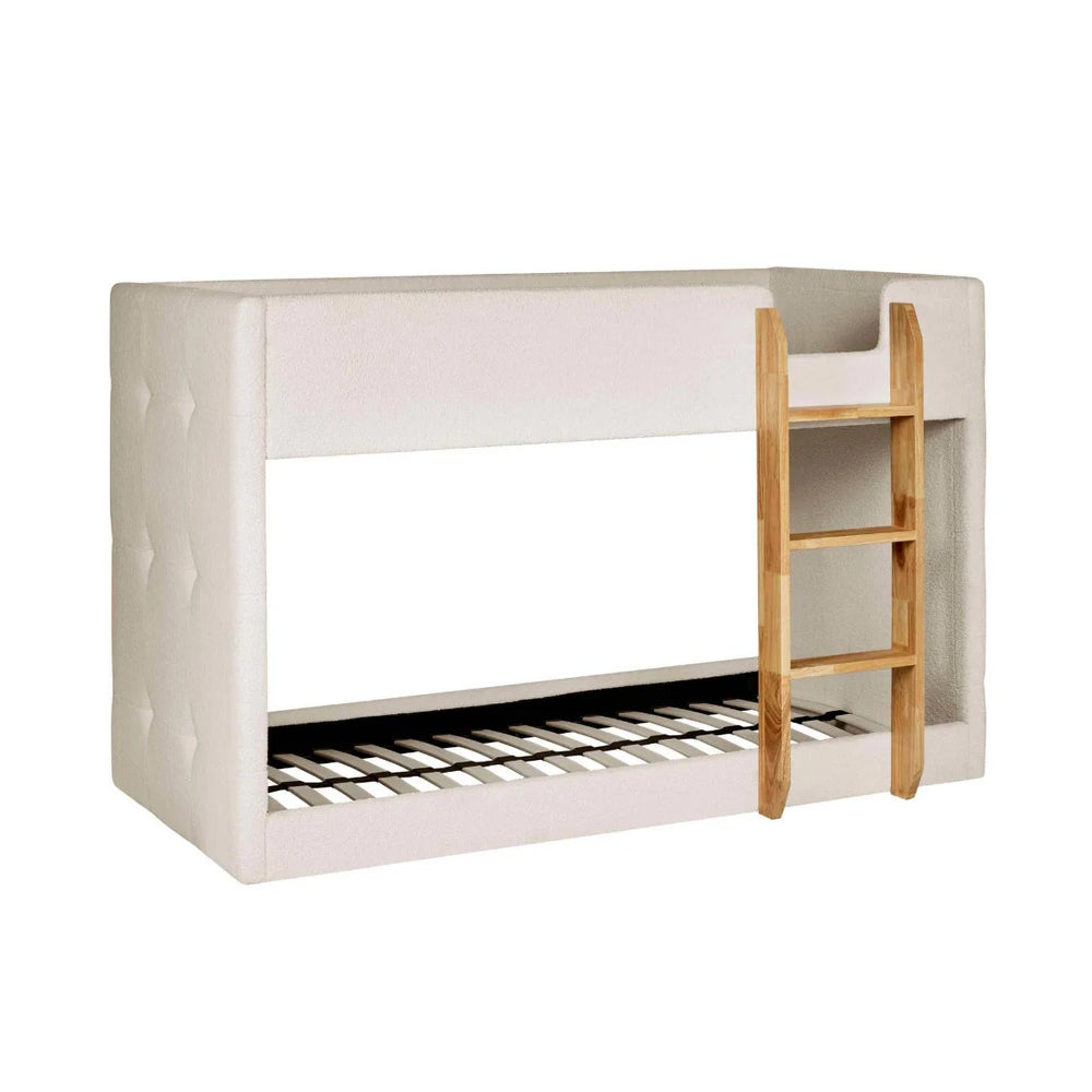 Teddy Bouclé Upholstered Kids Bunk Bed with Natural Wooden Ladder – Cream