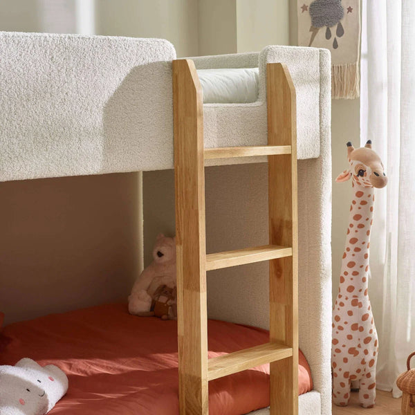 Teddy Bouclé Upholstered Kids Bunk Bed with Natural Wooden Ladder – Cream