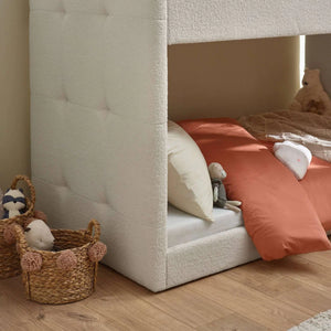 Teddy Bouclé Upholstered Kids Bunk Bed with Natural Wooden Ladder – Cream