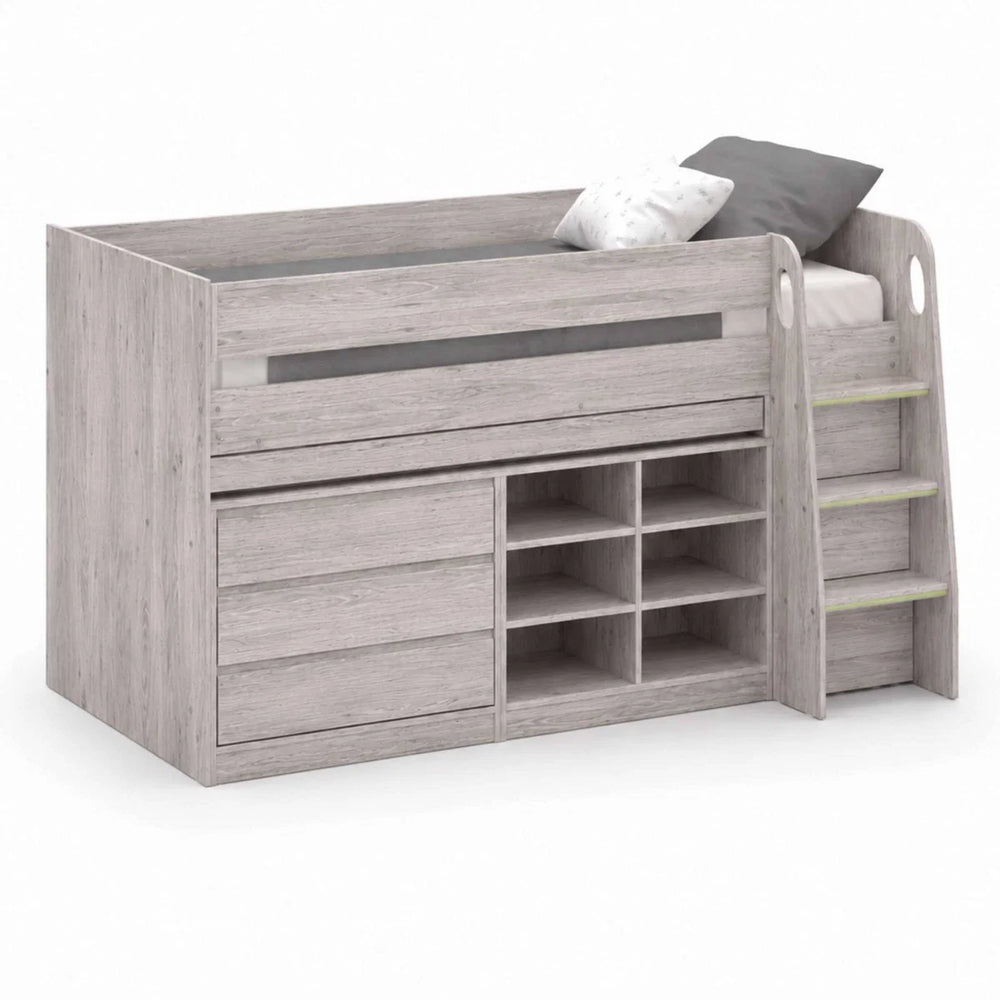 Vespa Grey Oak Mid Sleeper Bed with Integrated Desk, Storage Drawers, Shelving & Staircase