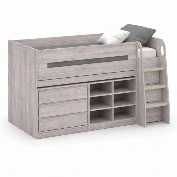 Vespa Grey Oak Mid Sleeper Bed with Integrated Desk, Storage Drawers, Shelving & Staircase