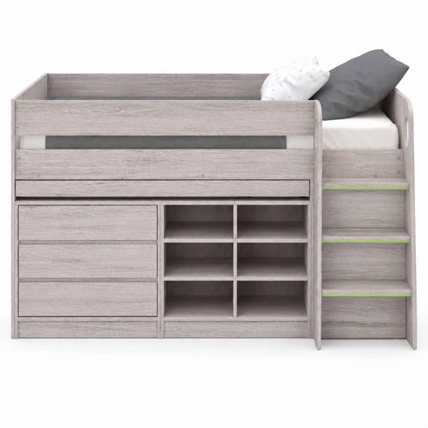 Vespa Grey Oak Mid Sleeper Bed with Integrated Desk, Storage Drawers, Shelving & Staircase