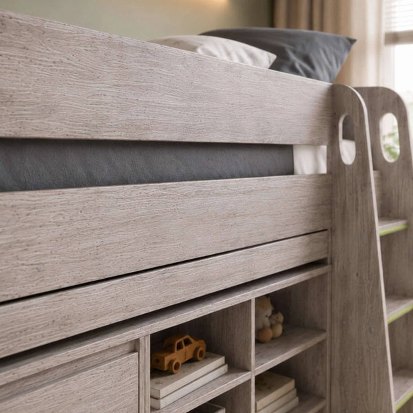Vespa Grey Oak Mid Sleeper Bed with Integrated Desk, Storage Drawers, Shelving & Staircase
