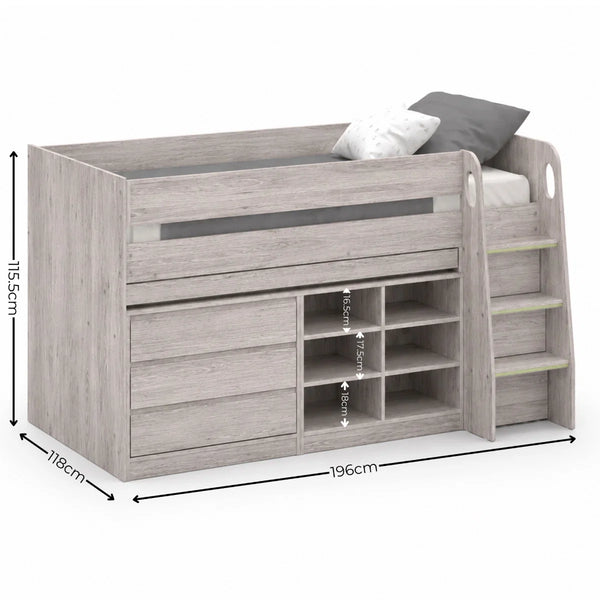 Blaze Gaming High Sleeper Bed Frame with Integrated Desk, Storage Drawers & Shelving – White